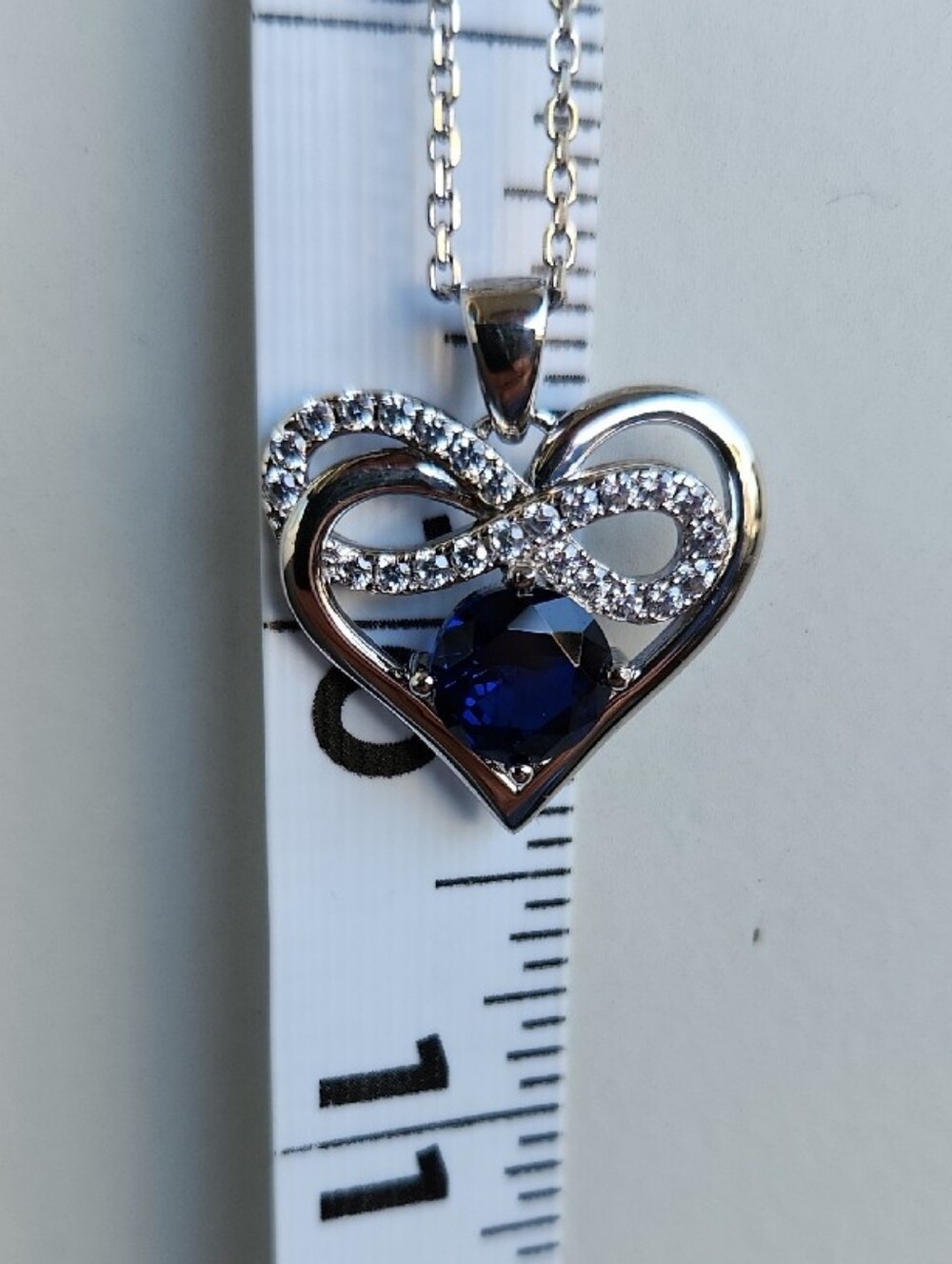 Sterling Silver Infinity Heart Pendant Necklace Blue CZ 19" Adjustable Chain - Picture 7 of 8